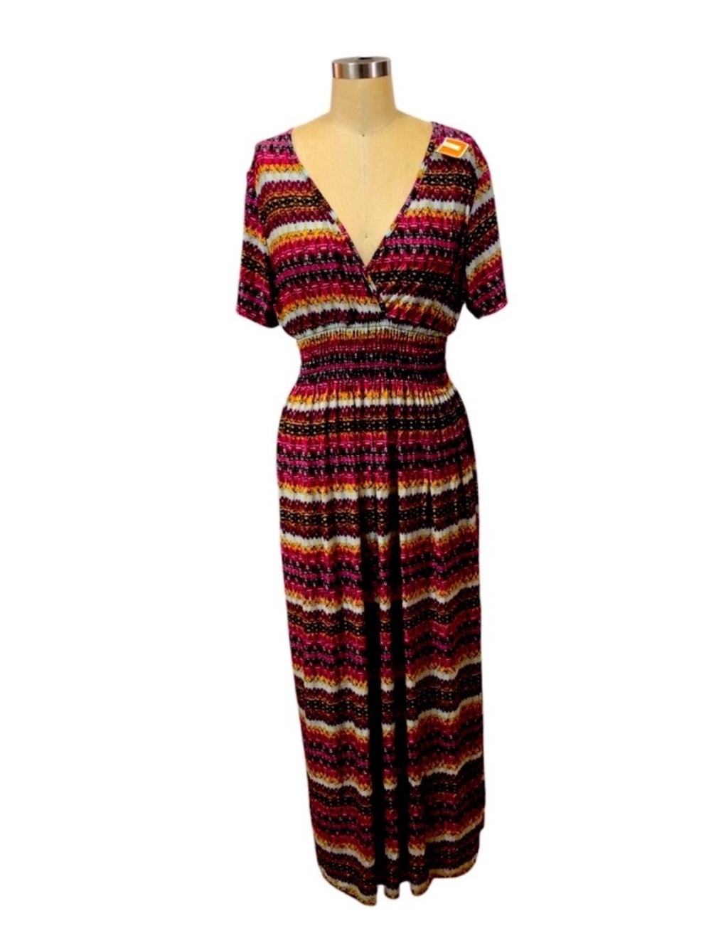 NWT Walgreen Multicolor Patterned V Neck Maxi Sun Swim Dress elastic waist Large